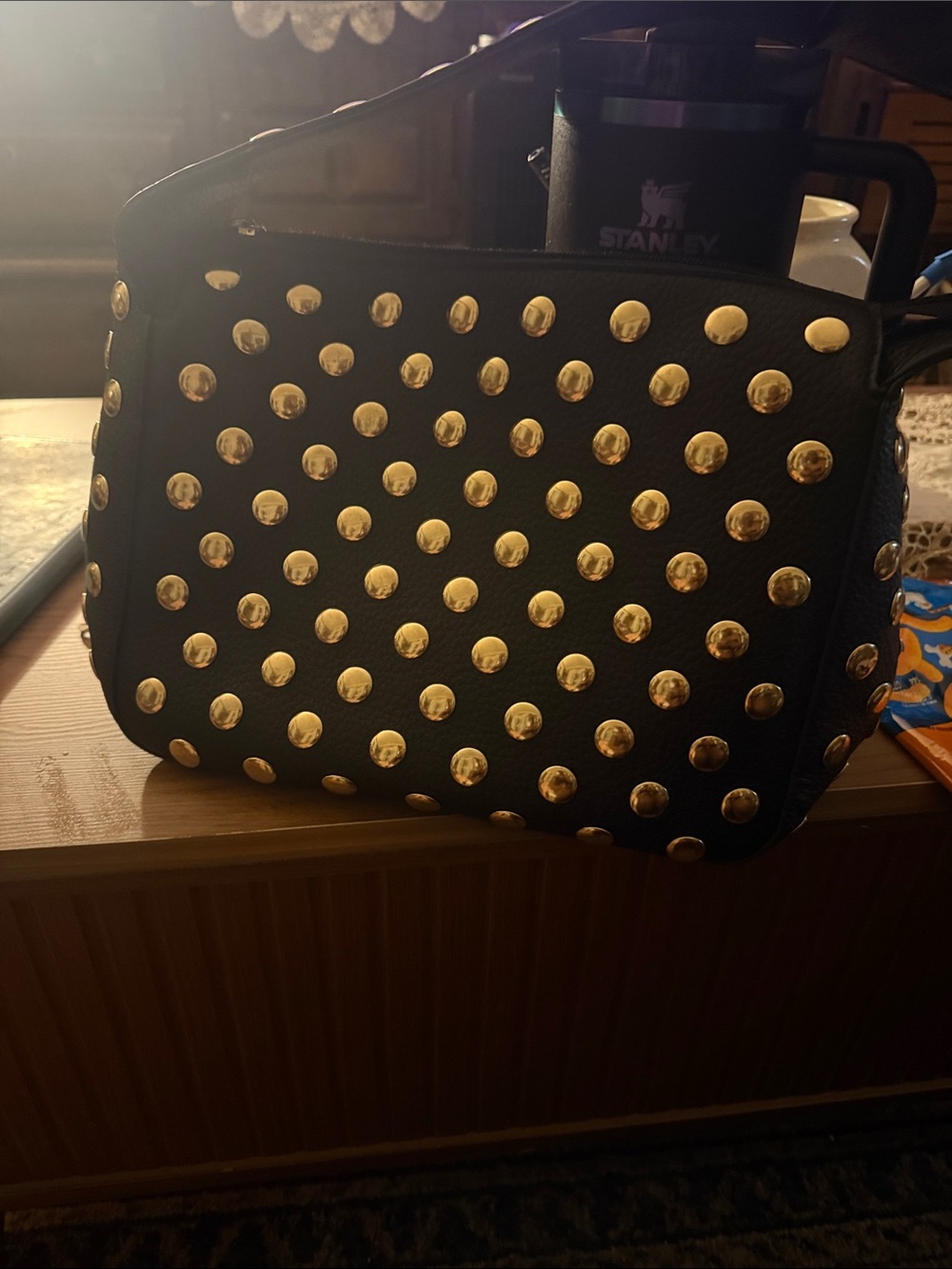 Black Studded Crossbody Bag with Gold Accents